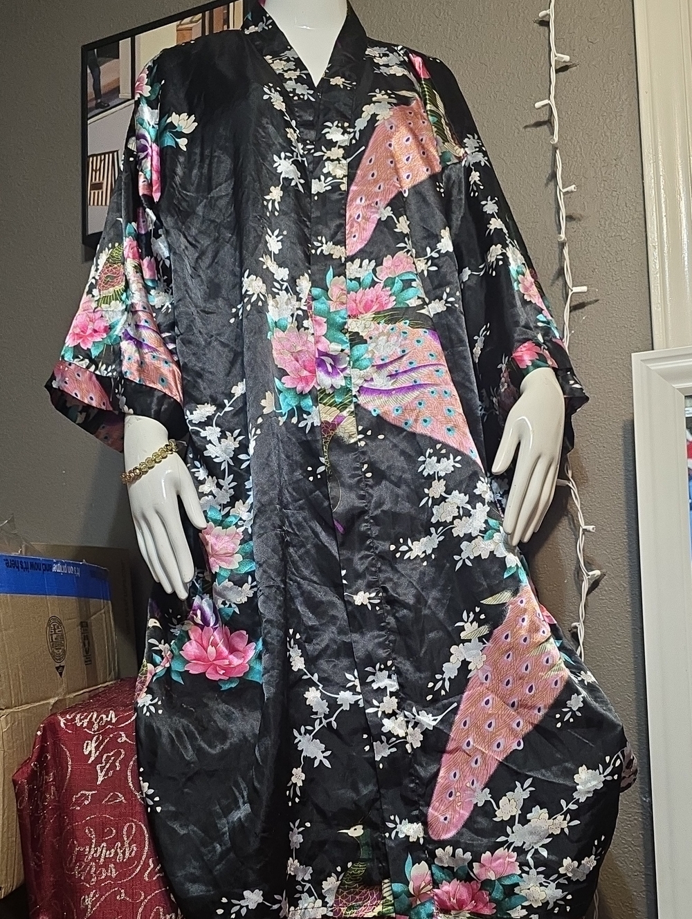 Black Floral Satin Kimono Coat with Pink & Teal Accents